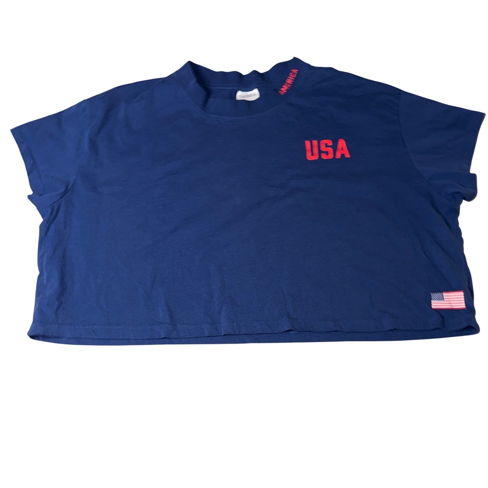 Crane USA Crop Top XXL Blue mock neck American‎ Flag Graphic Tee olympics team